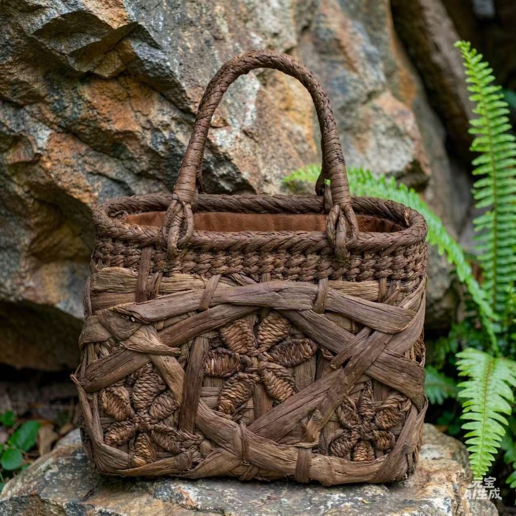 R-11 Raw Bark Random Weave Star Flower Handbag