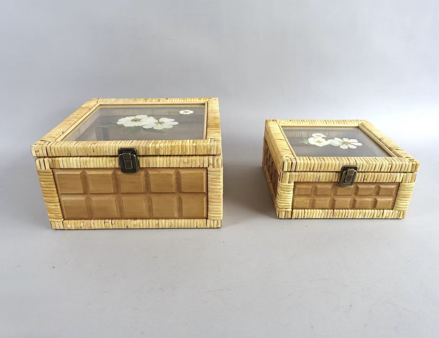 Rattan Storage Box with Acrylic Lid & Pressed Flower, Set of 2 Sizes, X061W0763A0