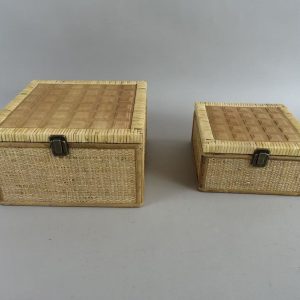 Rattan Storage Box with Carved Wooden Lid, Set of 2 Sizes, X061W0764A0