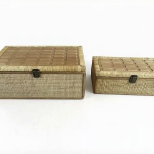 Rattan Storage Box with Carved Wooden Lid, Set of 2 Sizes, X061W0765A0