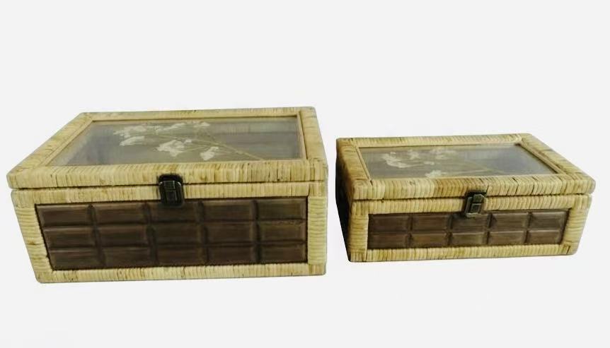 Rattan Storage Box with Acrylic Lid & Dried Flower, Set of 2 Sizes, X061W0766A0