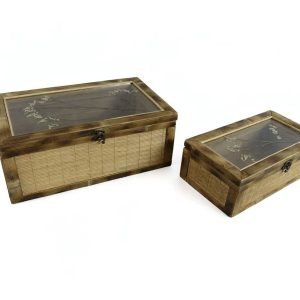 Rattan Storage Box with Acrylic Lid & Dried Flower, Set of 2 Sizes, X061W0767A0