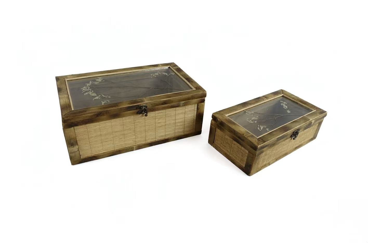 Rattan Storage Box with Acrylic Lid & Dried Flower, Set of 2 Sizes, X061W0767A0