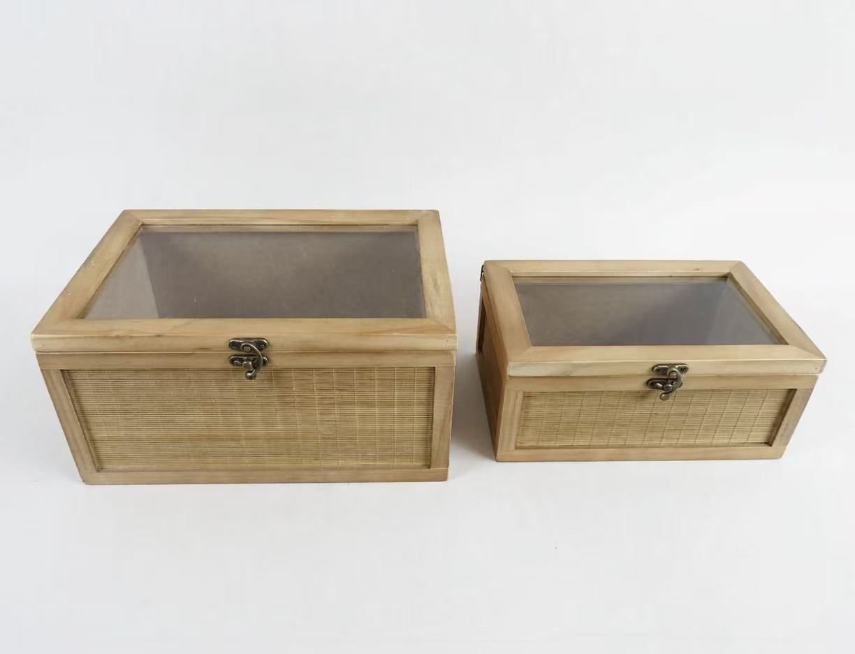 Wood Bamboo Weave Storage Box with Transparent Lid