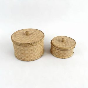 Round Rattan Pattern Storage Canister with Wooden Knob Lid