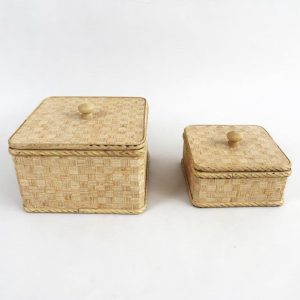 Square Rattan Pattern Storage Box with Wooden Knob Lid