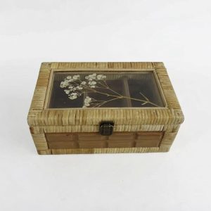 Rattan Wooden Jewelry Box with Glass Window & Metal Latch