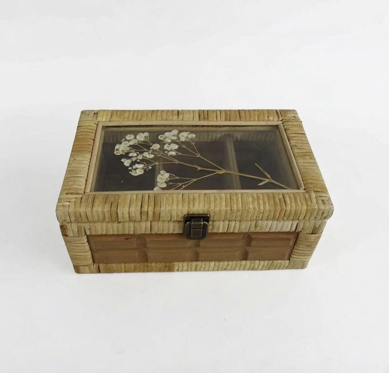 Rattan Wooden Jewelry Box with Glass Window & Metal Latch