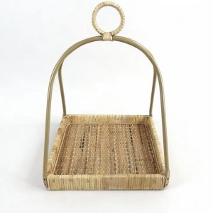 Rattan Serving Tray With Tall Metal Handle