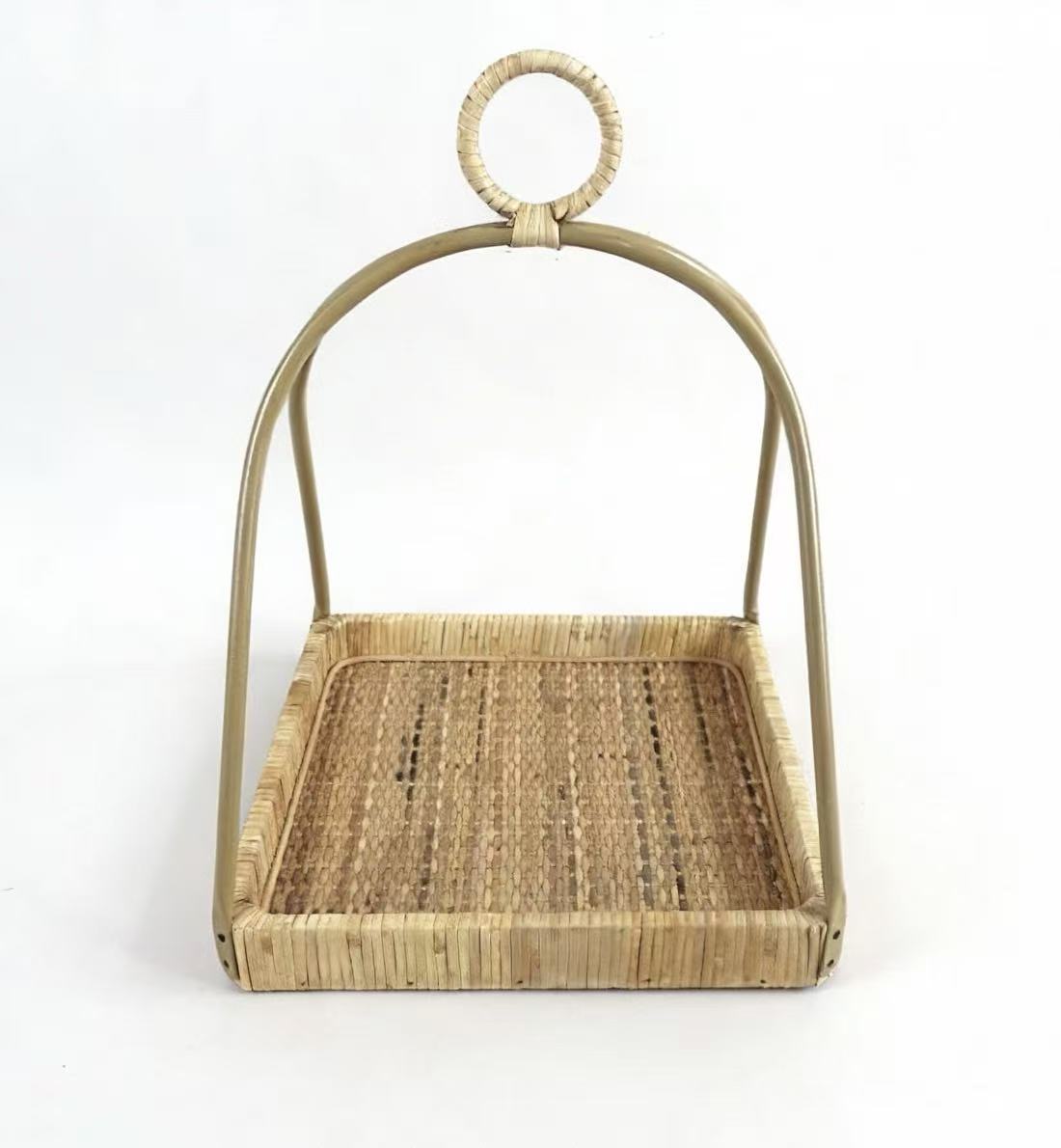 Rattan Serving Tray With Tall Metal Handle