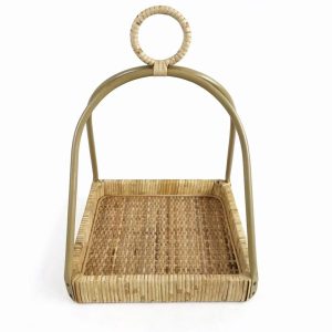 Rattan Serving Tray With Tall Metal Handle