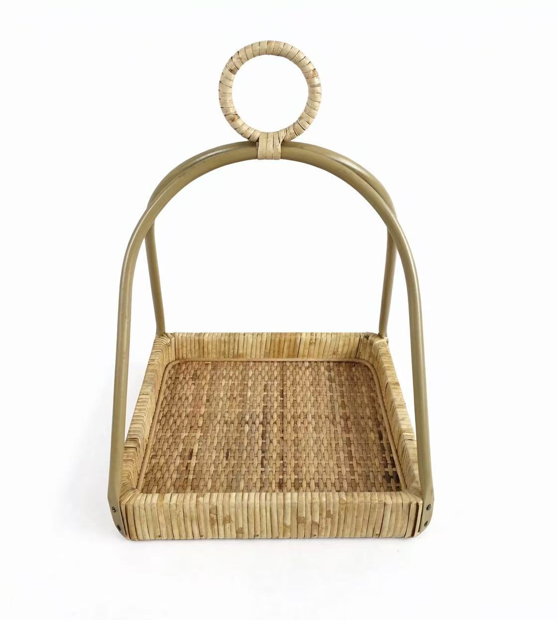 Rattan Serving Tray With Tall Metal Handle