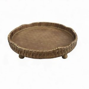 Round Rattan Raised Tray with Wooden Feet & Scalloped Edge