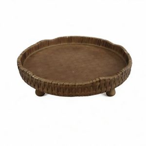 Round Rattan Raised Tray with Wooden Feet & Scalloped Edge