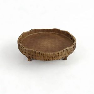 Round Rattan Raised Tray with Wooden Feet & Scalloped Edge
