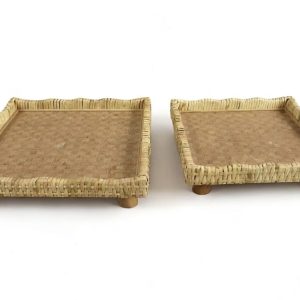 Square Rattan Raised Tray with Scalloped Edge & Wooden Feet, Set of 2