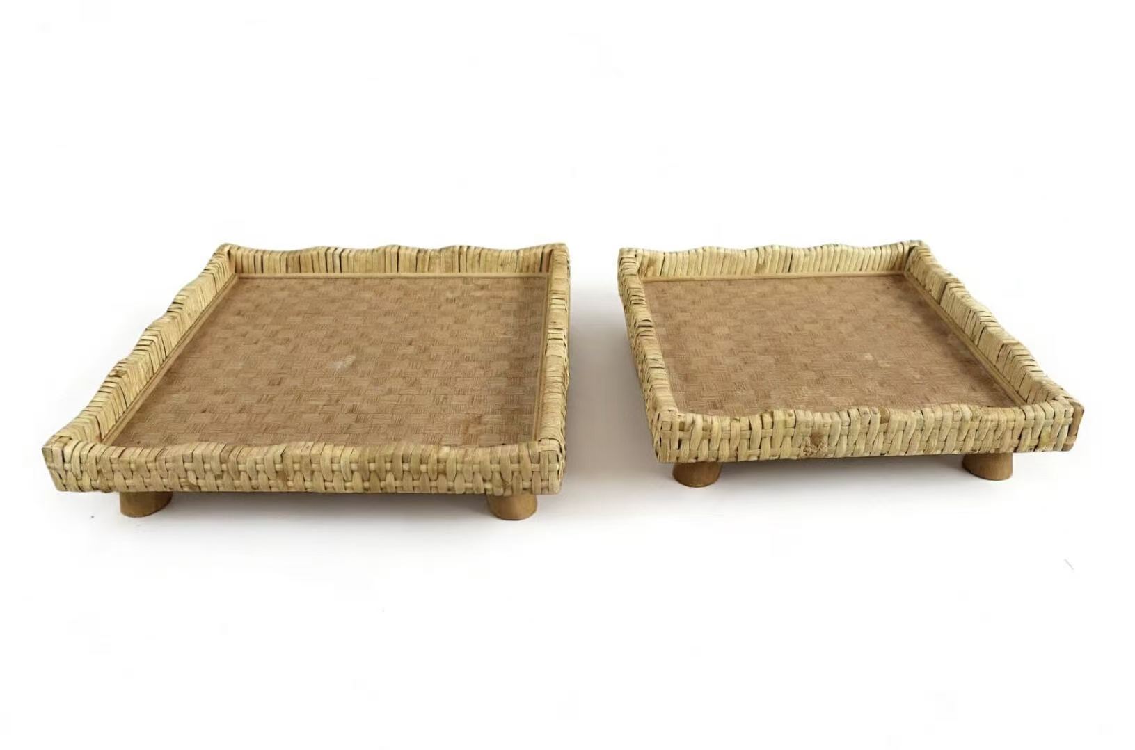 Square Rattan Raised Tray with Scalloped Edge & Wooden Feet, Set of 2