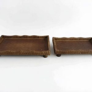 Rectangular Rattan Raised Tray with Scalloped Edge & Wooden Feet, Set of 2
