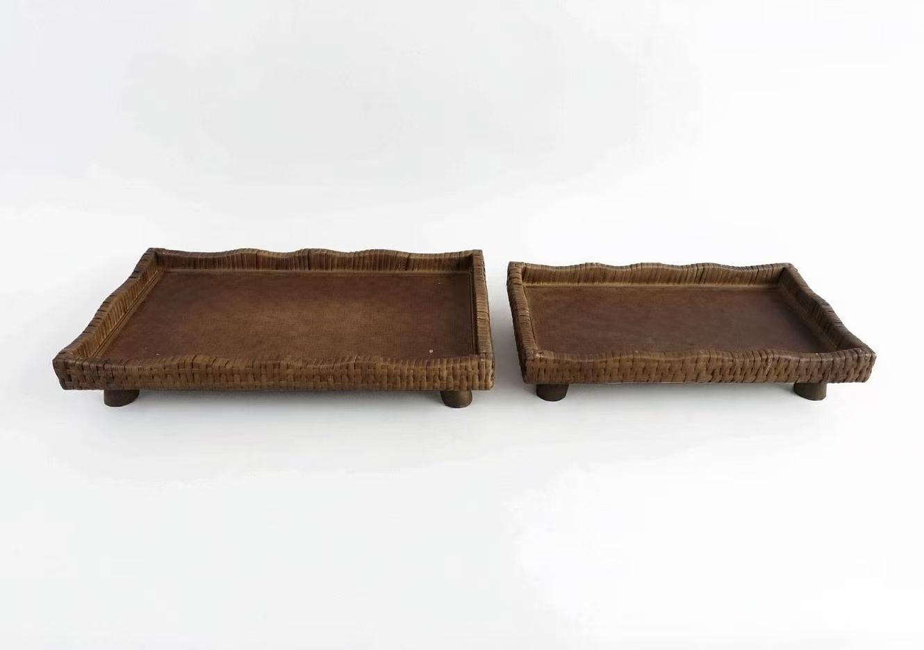 Rectangular Rattan Raised Tray with Scalloped Edge & Wooden Feet, Set of 2