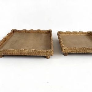 Square Rattan Raised Tray with Scalloped Edge & Wooden Feet, Set of 2