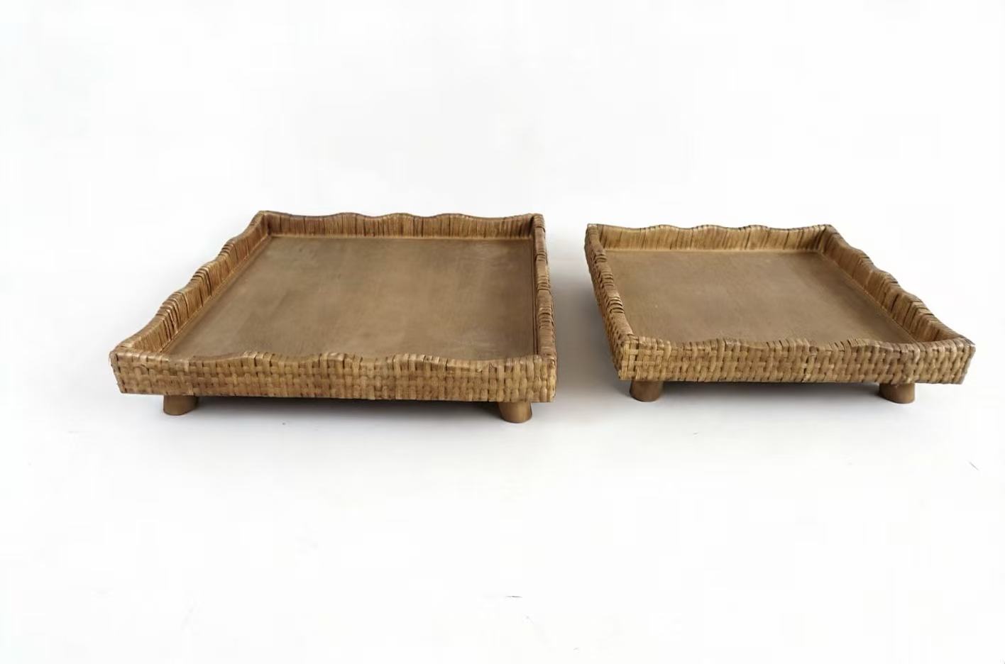 Square Rattan Raised Tray with Scalloped Edge & Wooden Feet, Set of 2
