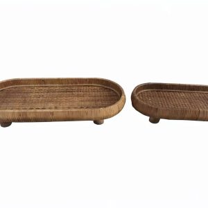 Oval Rattan Raised Tray with Wooden Feet, Set of 2