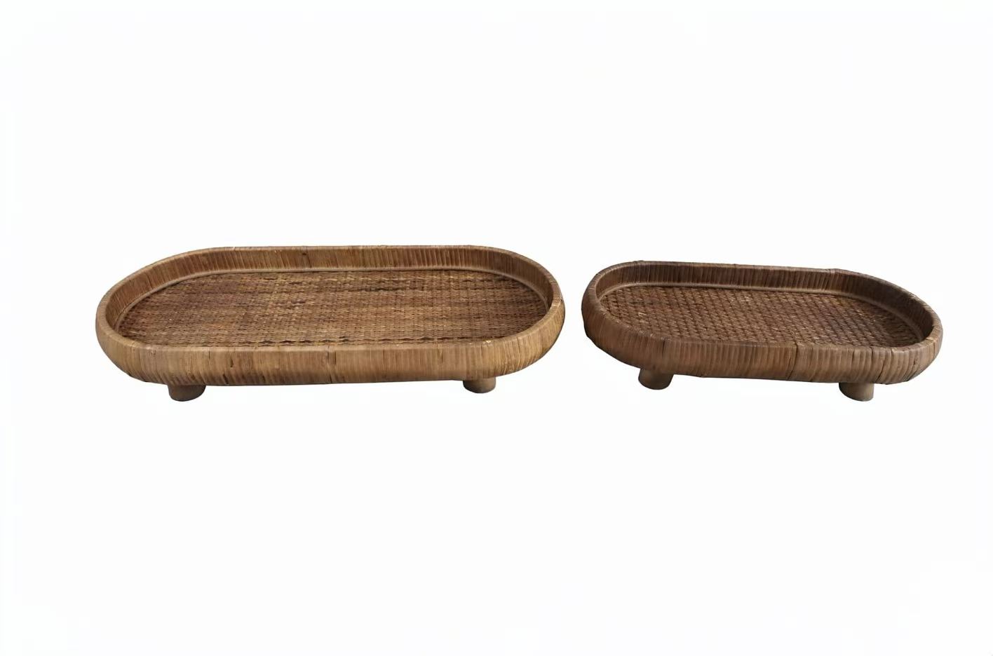 Oval Rattan Raised Tray with Wooden Feet, Set of 2
