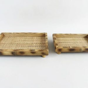 Bamboo Frame Rattan Raised Tray with Wooden Feet, Set of 2