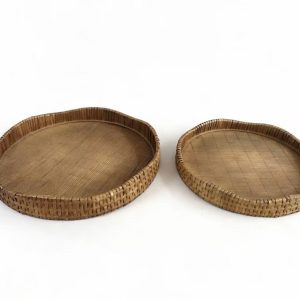 Handwoven Irregular Round Rattan Serving Tray, Set of 2