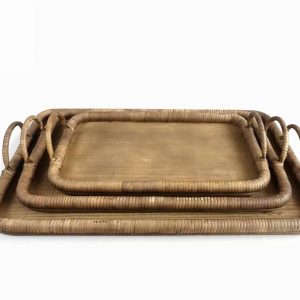 Handwoven Rattan Rectangular Tray with Handles, Set of 3