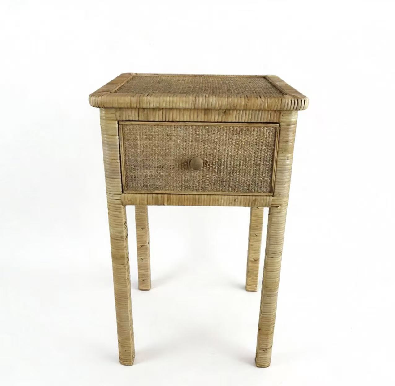 Handwoven Rattan Bedside Table with Drawer
