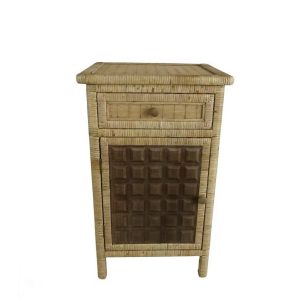 Handwoven Rattan Bedside Cabinet with Drawer & Carved Door