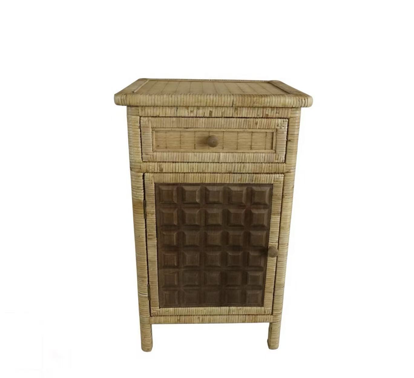 Handwoven Rattan Bedside Cabinet with Drawer & Carved Door
