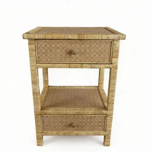 Handwoven Rattan Nightstand with 2 Drawers & Open Shelf