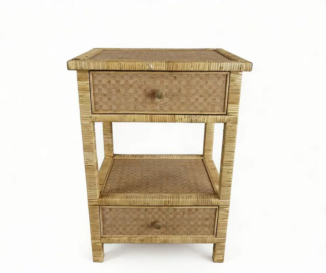 Handwoven Rattan Nightstand with 2 Drawers & Open Shelf