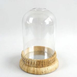Glass Dome Cloche with Handwoven Rattan Base
