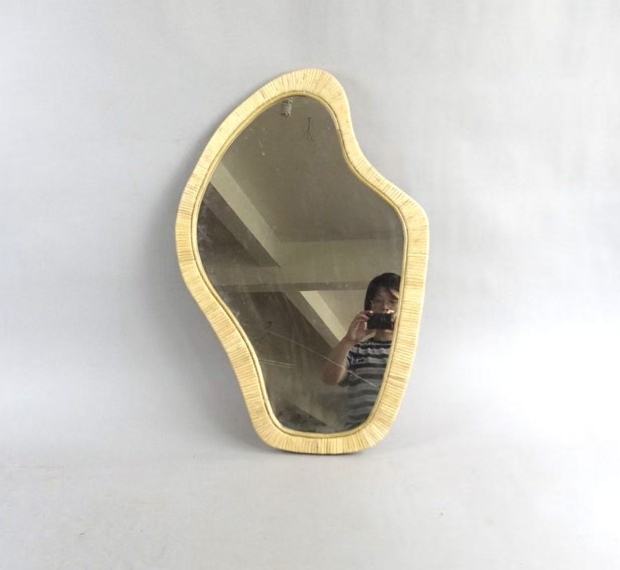 Irregular Wavy Organic Shape Rattan Wall Mirror