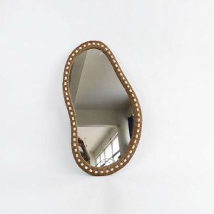 Irregular Organic Shape Rattan Wall Mirror With White Dot Decoration