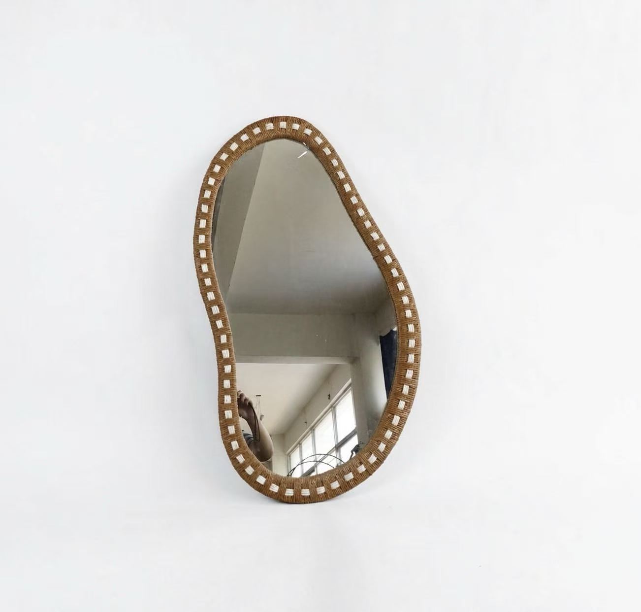 Irregular Organic Shape Rattan Wall Mirror With White Dot Decoration