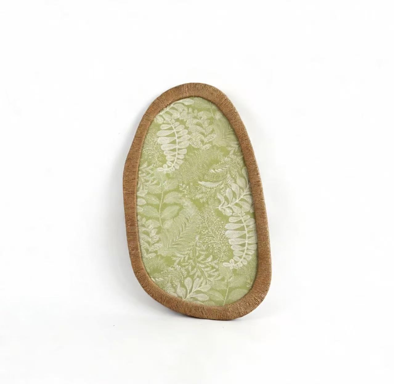 rregular Organic Shape Rattan Framed Wall Art with Green Floral Fabric