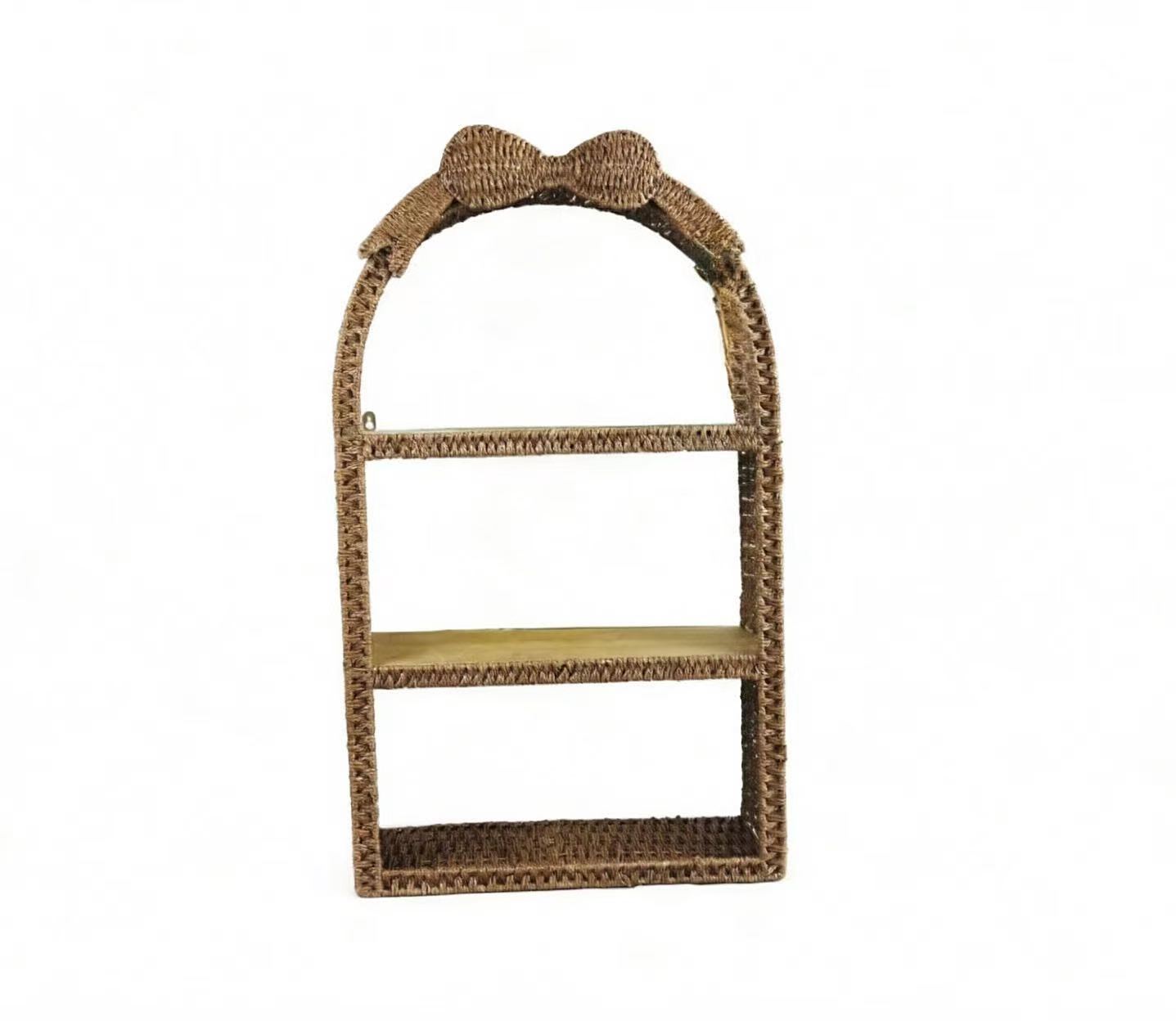 Arched Handwoven Rattan Wall Shelf with Bow Decor