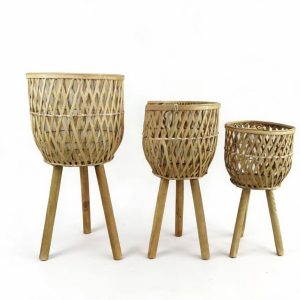 Set of 3 Rattan Plant Baskets with Wood Stand X061W2328A0