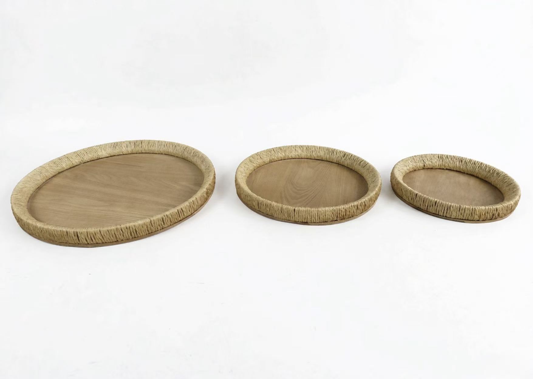 Set of 3 Woven Rim Wooden Trays X061W3020A0