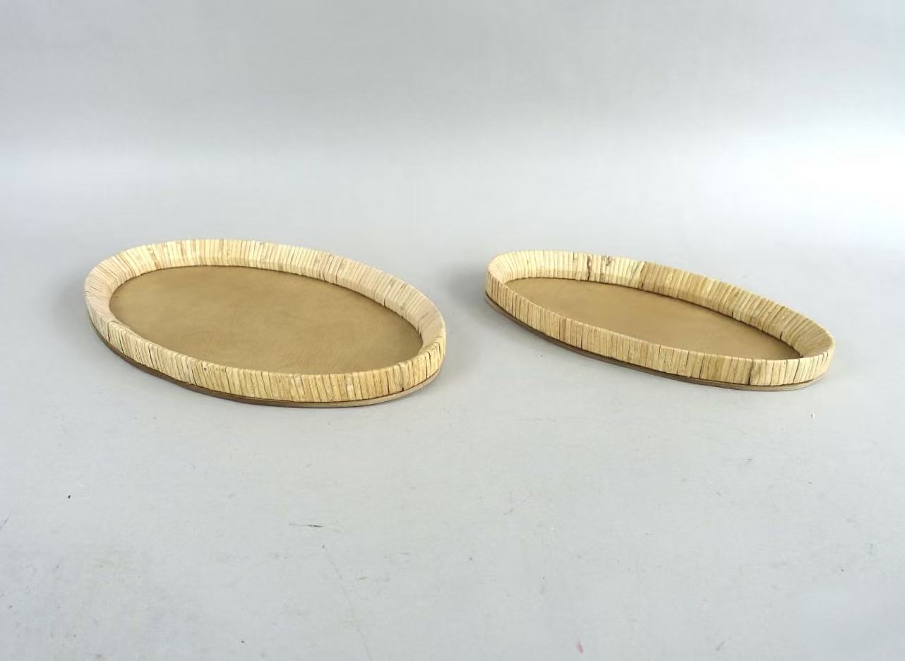Set of 2 Oval Woven Rim Wooden Trays X061W3021A0